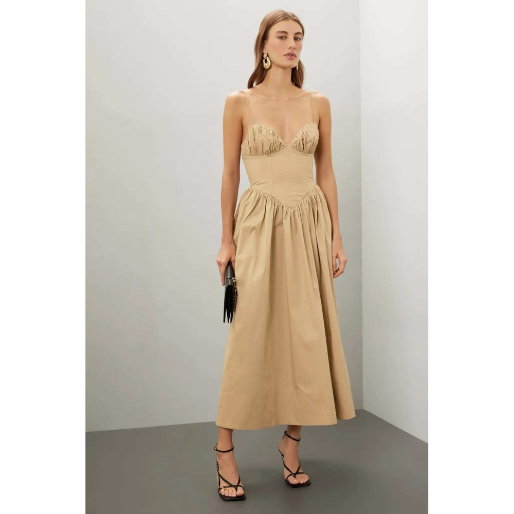 Ronny Kobo Carmine Dress Tan Khaki Cotton Corset Midi Dress  Size L